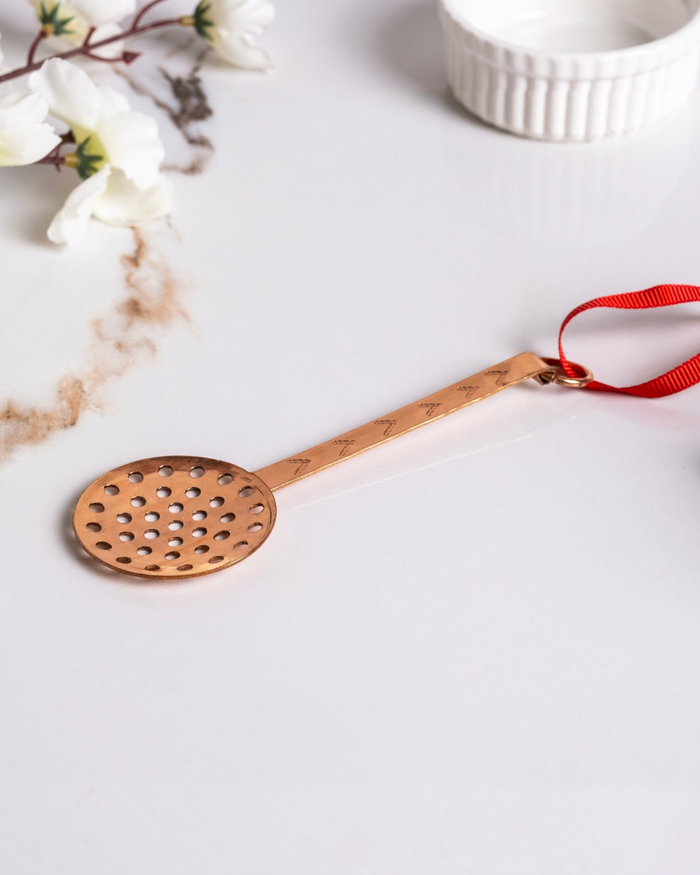 Handcrafted Mini Copper Slotted Spoon Toy, Dollhouse Utensil & Festive Xmas Tree Decor