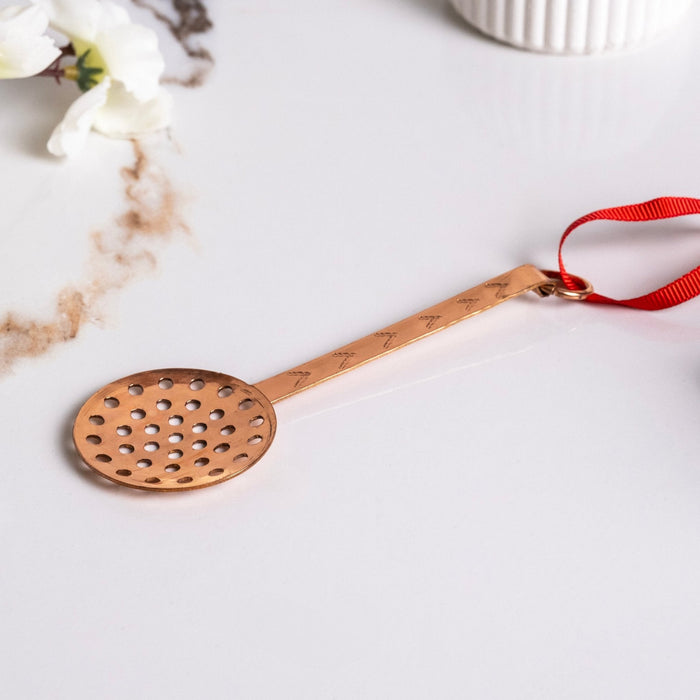 Handcrafted Mini Copper Slotted Spoon Toy, Dollhouse Utensil & Festive Xmas Tree Decor