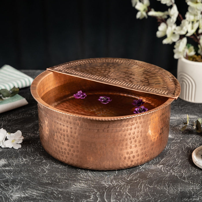 Handcrafted Raw Copper Pedicure Bowl – Hammered Ayurvedic Spa Tub with Removable Footrest