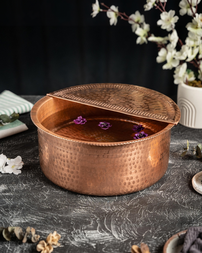 Handcrafted Raw Copper Pedicure Bowl – Hammered Ayurvedic Spa Tub with Removable Footrest