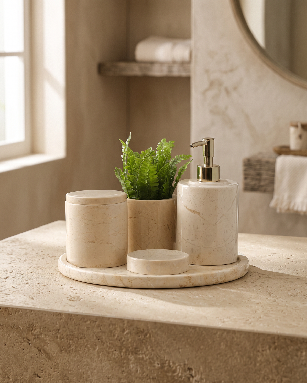 Round Marble Bathroom Set (Set of 4) styled in a warm interior