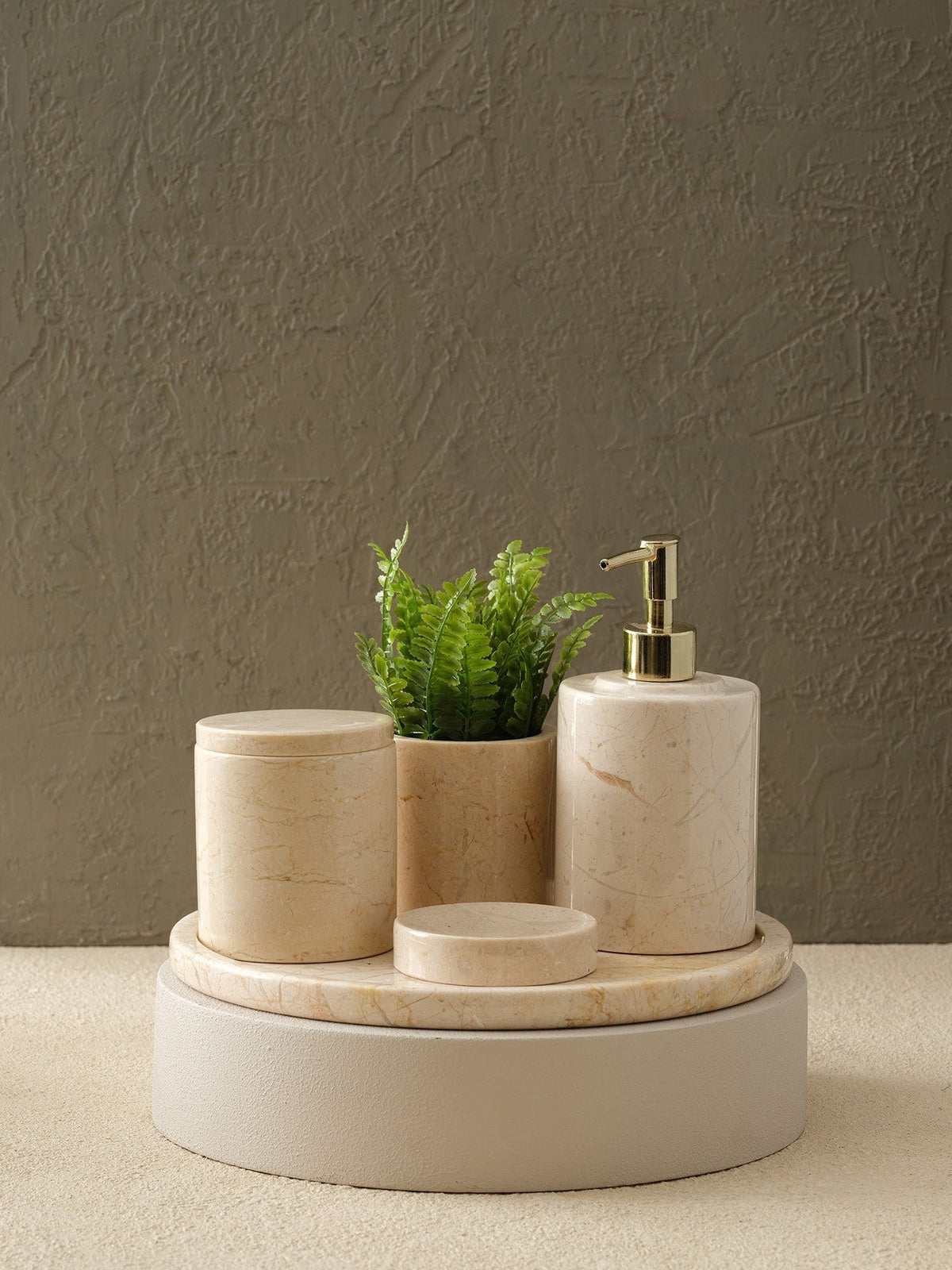 Handmade Beige Marble Bathroom Set – Round Tray, Four - Pieces - Alfiq's Store