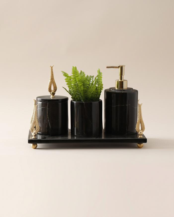 Black Marble Bathroom Set with Gold Floral Detail (Set of 4)