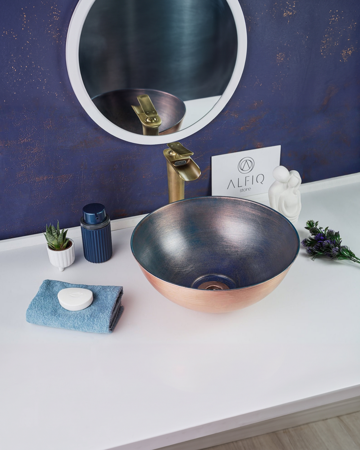 Handmade Blue Copper Bathroom Vessel Sink – Solid Copper with Drain Cap Included - Alfiq's Store