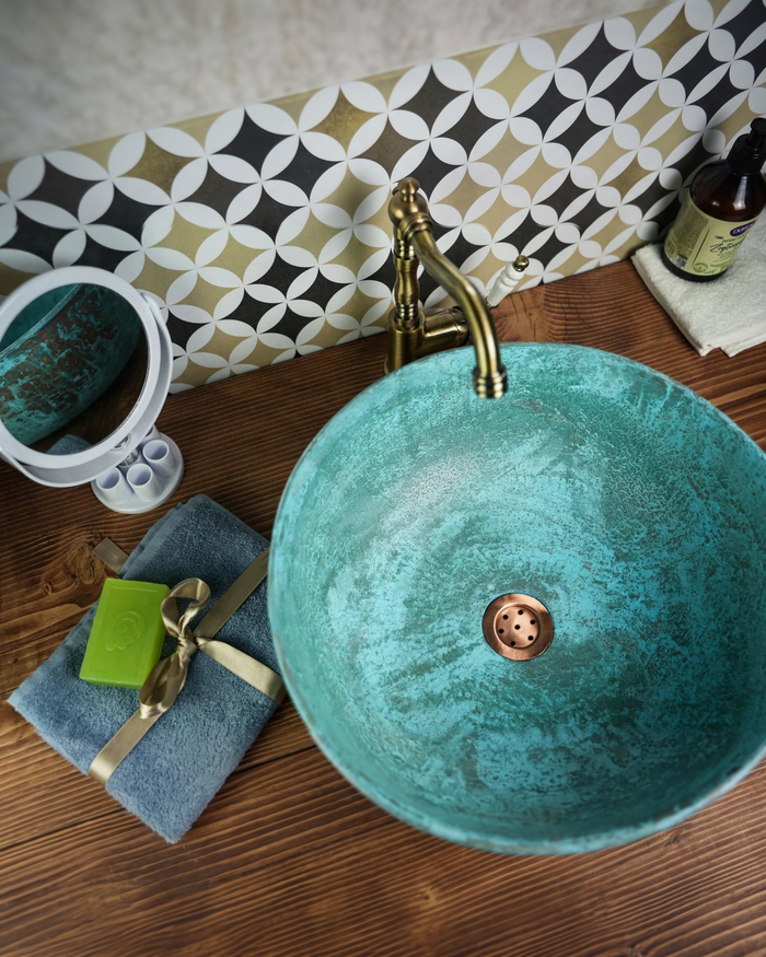 Handmade Blue Patina Copper Sink for Kitchen & Bathroom – Eco-Friendly, Pure Copper Vessel with Drain Cap