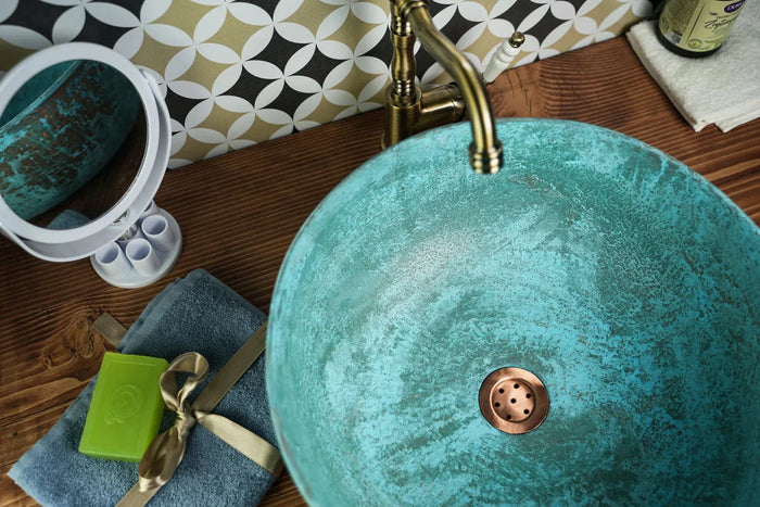 Handmade Blue Patina Copper Sink for Kitchen & Bathroom – Eco-Friendly, Pure Copper Vessel with Drain Cap