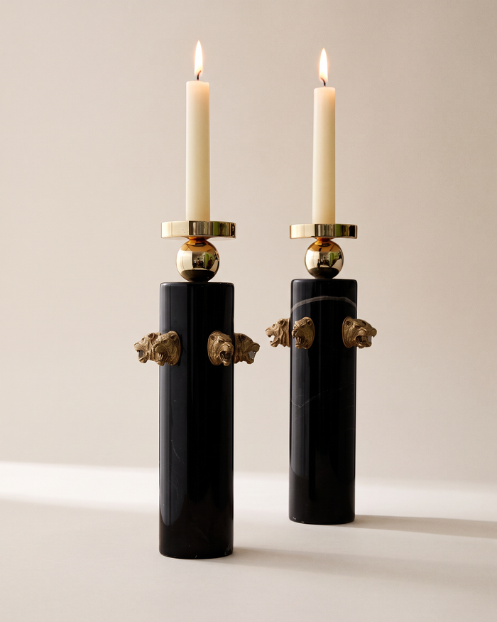 Black Marble Candle Holders with Brass Tiger Heads (Set of 2)