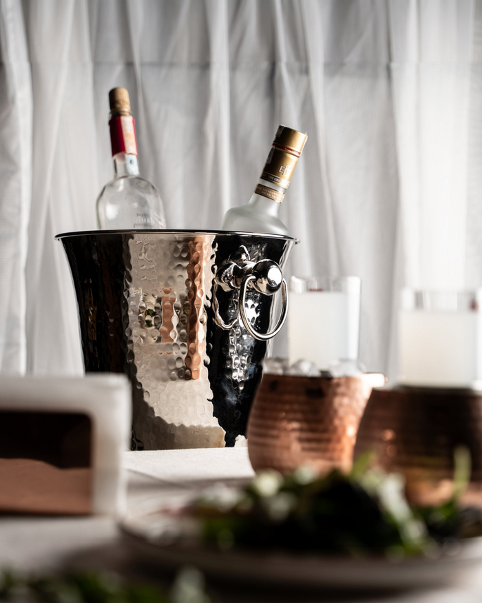 Handmade Chrome-Plated Copper Ice Bucket – Hammered Design with Ring Handles