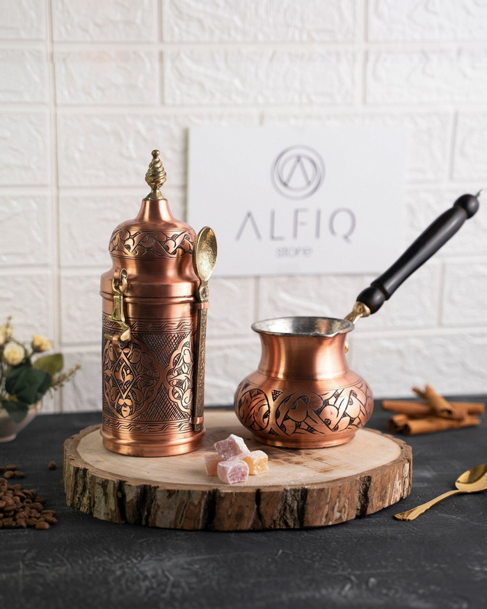 Handmade Copper Coffee Maker Set – Pot, Airtight Container & Brass Spoon