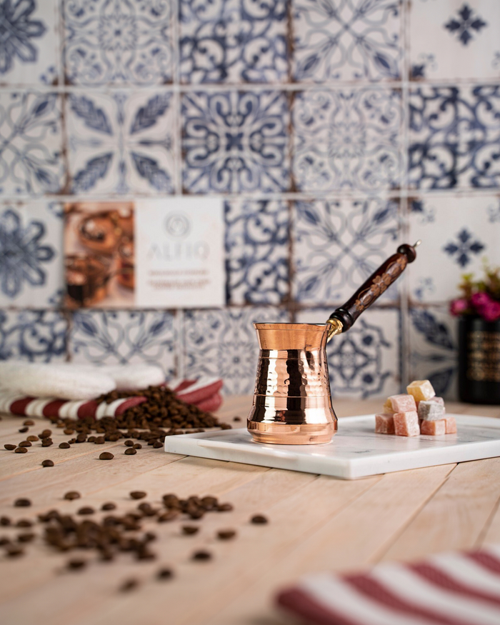 Handmade Copper Coffee Pot with Long Wooden Handle – 300ml Turkish Coffee Maker