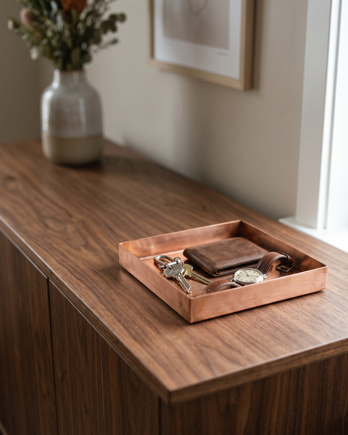 Key & Wallet Catchall Tray – 100% Solid Copper, Handcrafted Brushed Finish