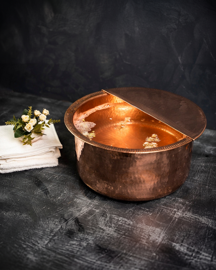 Handmade Dark Copper Pedicure Bowl with Removable Footrest | Luxurious Foot Soaking Bath for Spa & Home