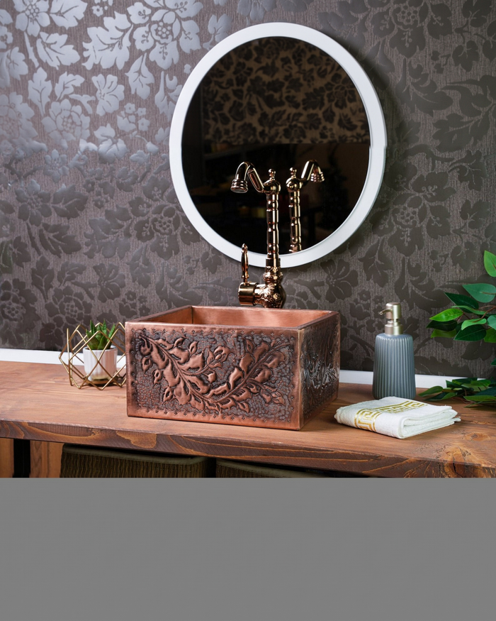 Handmade Embossed Copper Bathroom Sink – Rectangular Vessel, 12" x 8" x 6"