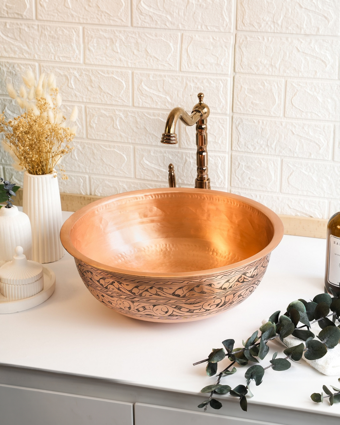 Handmade Engraved Matte Copper Vessel Sink – Farmhouse Vanity Washbasin with Drain Cap