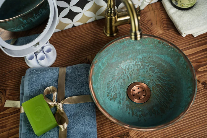 Handmade Green Patina Copper Sink for Kitchen & Bathroom – Eco-Friendly, Pure Copper Vessel with Drain Cap