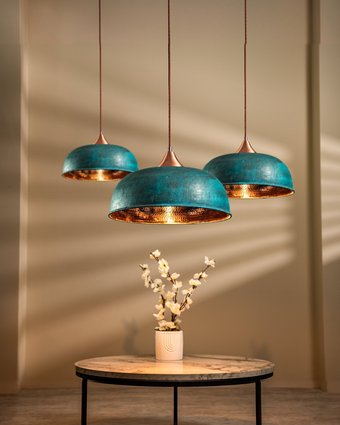 Handmade Hammered Copper Green Patina Pendant Light – Complete Set with Accessories 2