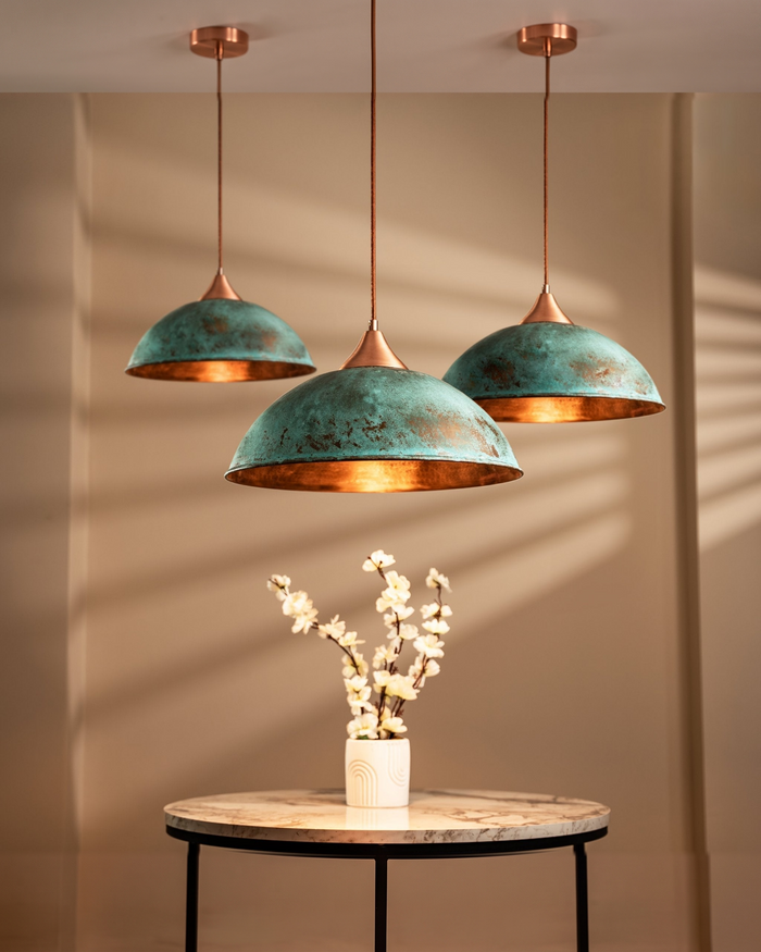 Handmade Hammered Copper Green Patina Pendant Light – Timeless Farmhouse Elegance