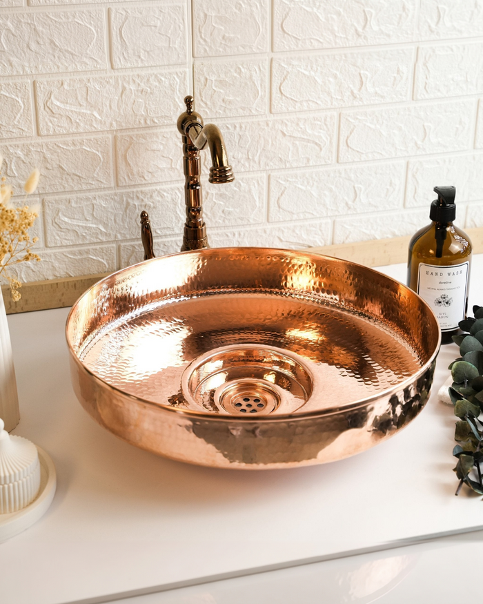 Handmade Hammered Copper Green Verdigris Patina Sink – Round Vessel Bathroom or Kitchen Basin
