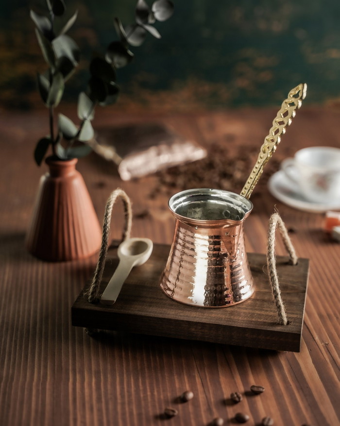 Handmade Copper Turkish Coffee Pot – Hammered Copper Cezve with Ornate Brass Handle