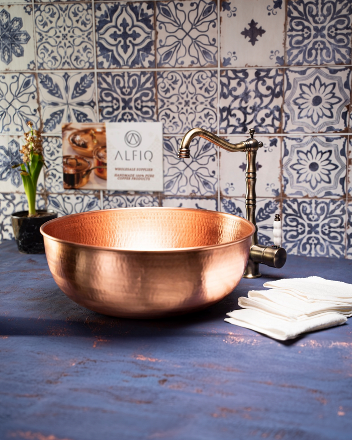 ALFIQ Handmade Matte Copper Sink Washbasin – Hammered Vessel Sink with Drain Cap
