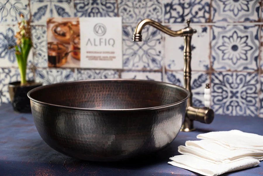 Handmade Matte Copper Sink Washbasin – Hammered Vessel Sink with Drain Cap - Alfiq's Store