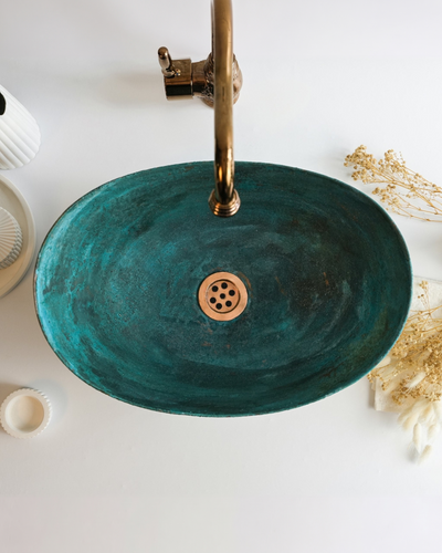 Handmade Hammered Copper Vessel Sink – Dark & Green Patina, Multiple Sizes