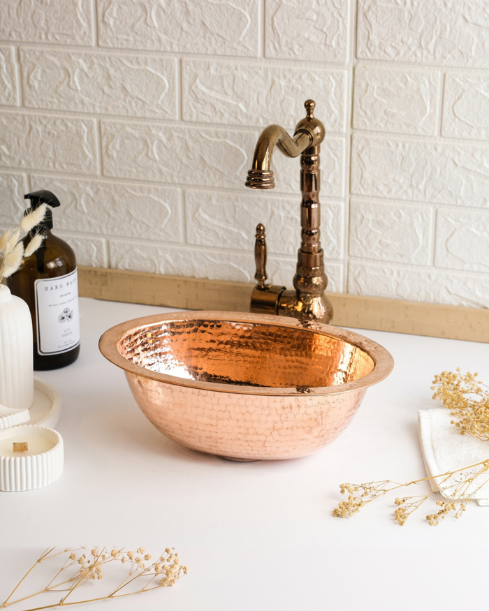 Handmade Oval Copper Drop-In Sink – Dark & Pure Copper Vessel for Kitchen & Bathroom