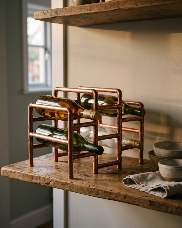 Six-Bottle Wine Rack – 100% Solid Copper, Handmade from Recycled Copper, 330 x 250 x 250 mm