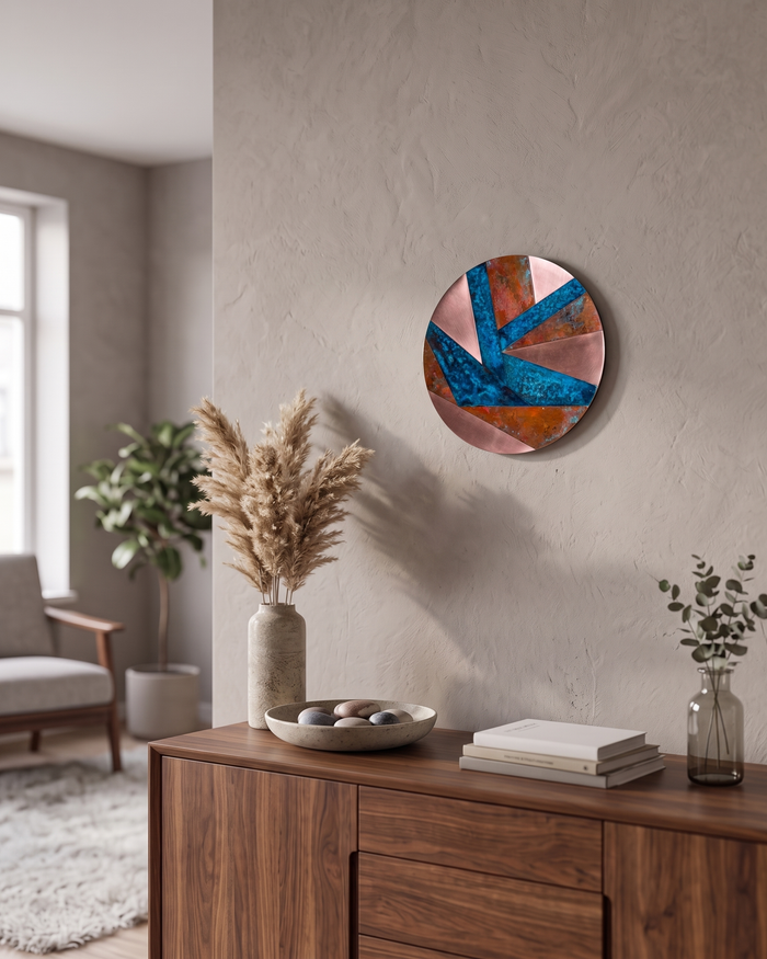 Round Wall Art – 100% Solid Copper, Handmade Verdigris Patina, Geometric Contrast Design