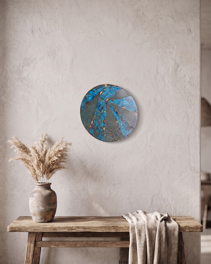 Round Wall Art – 100% Solid Copper, Handmade Ocean Blue Verdigris Patina