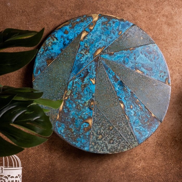 Handmade Solid Copper Wall Art With Full Verdigris Patina, Color Ocean Blue