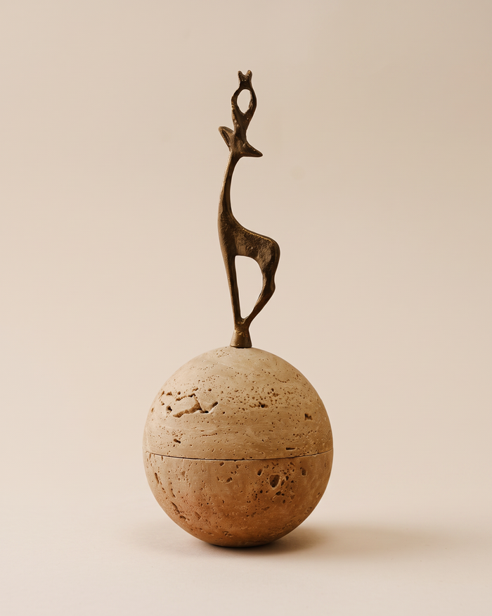 Travertine Sphere Box with Bronze Gazelle (One Piece)