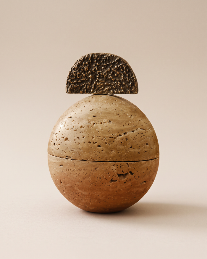 Travertine Sphere Box with Textured Bronze Lid (One Piece)