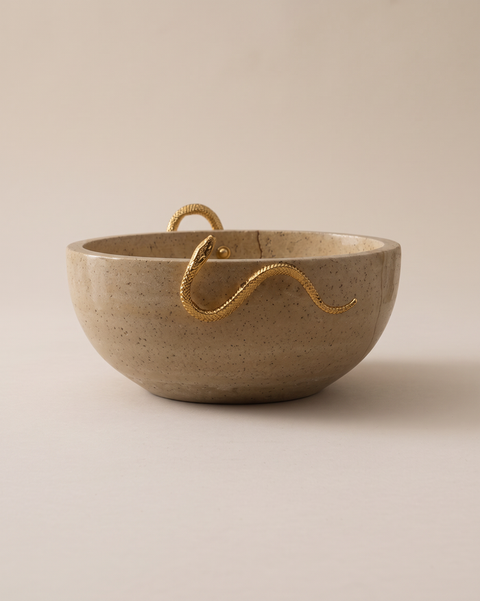 Travertine Bowl with Brass Snake (One Piece)