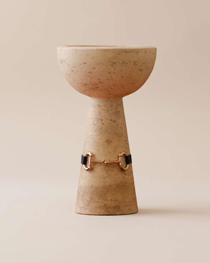 Travertine Pedestal Bowl with Leather Belt (One Piece)