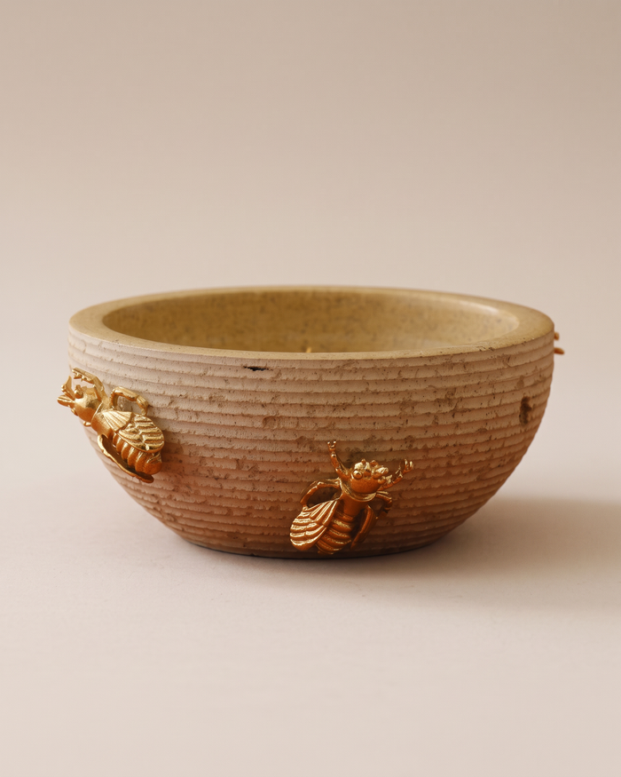 Travertine Bowl with Brass Bees (One Piece)