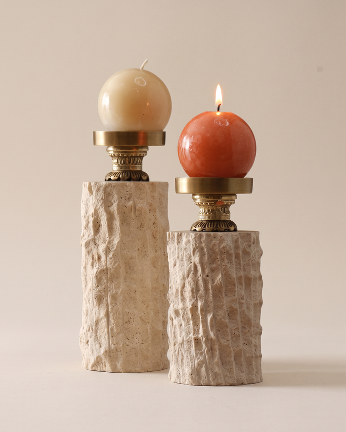 Carved Stone & Brass Candle Holders (Set of 2)