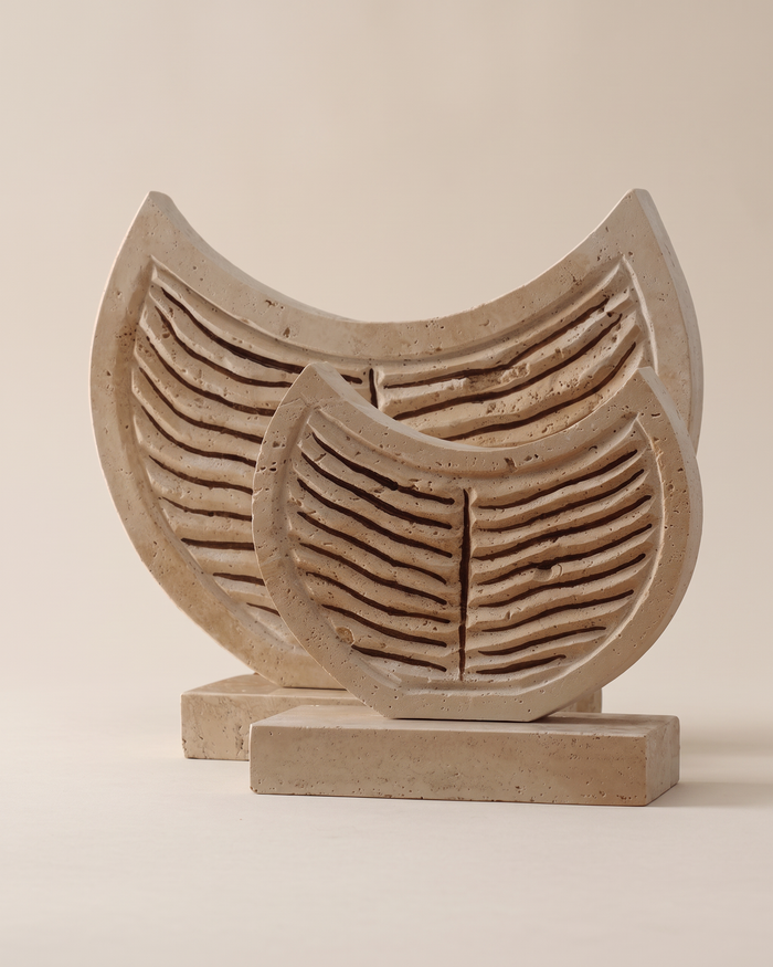 Travertine Crescent Sculptures with Carved Lines (Set of 2)
