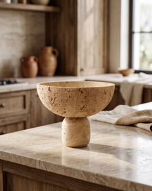 Travertine Pedestal Bowl (One Piece) styled in a warm interior