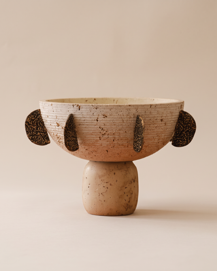 Travertine Pedestal Bowl with Black Crescents (One Piece)