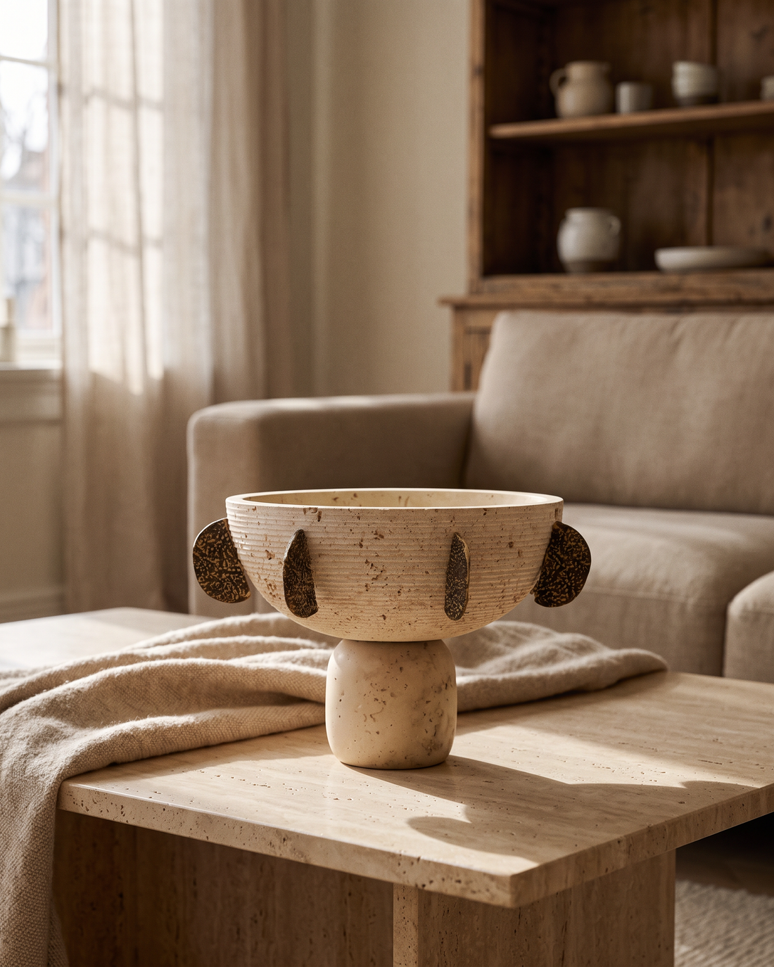 Handmade Travertine Decorative Bowl, Beige Stone & Black Crescent ...