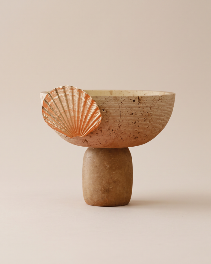 Travertine Pedestal Bowl with Coral Shell (One Piece)
