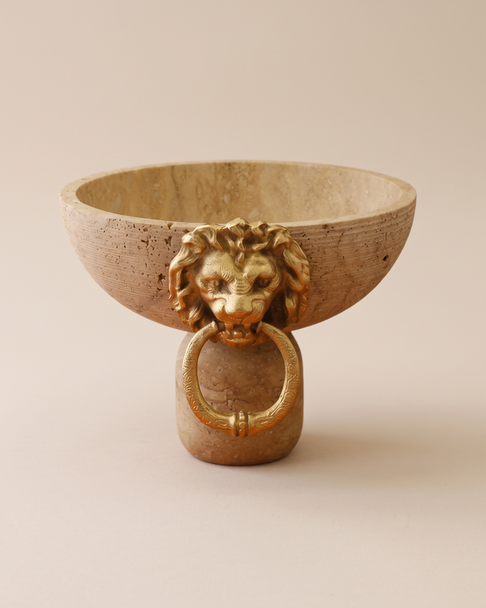 Travertine Pedestal Bowl with Brass Lion (One Piece)