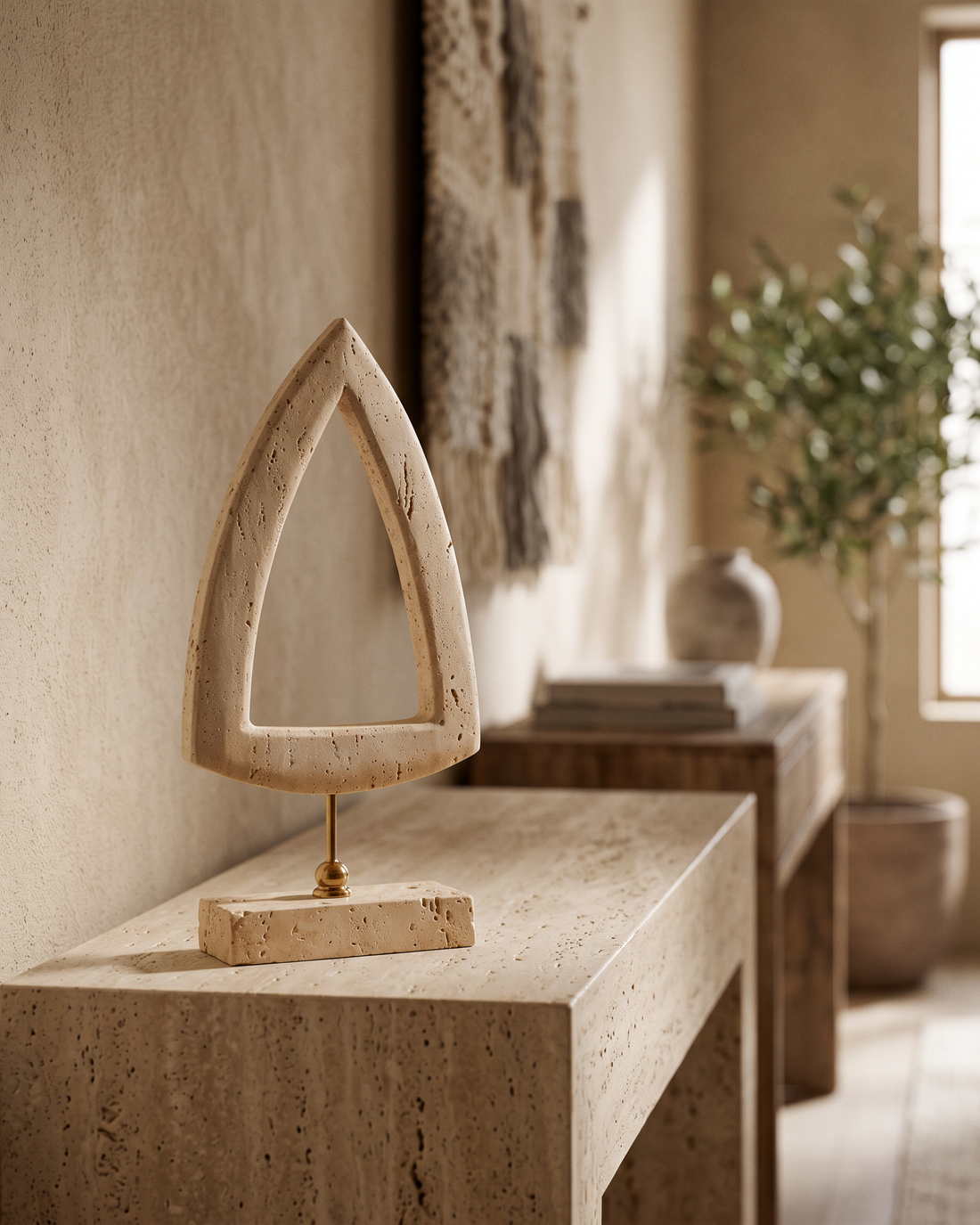 Triangle Travertine Sculpture Beige Stone, Elongated Cut-Out on Brass ...