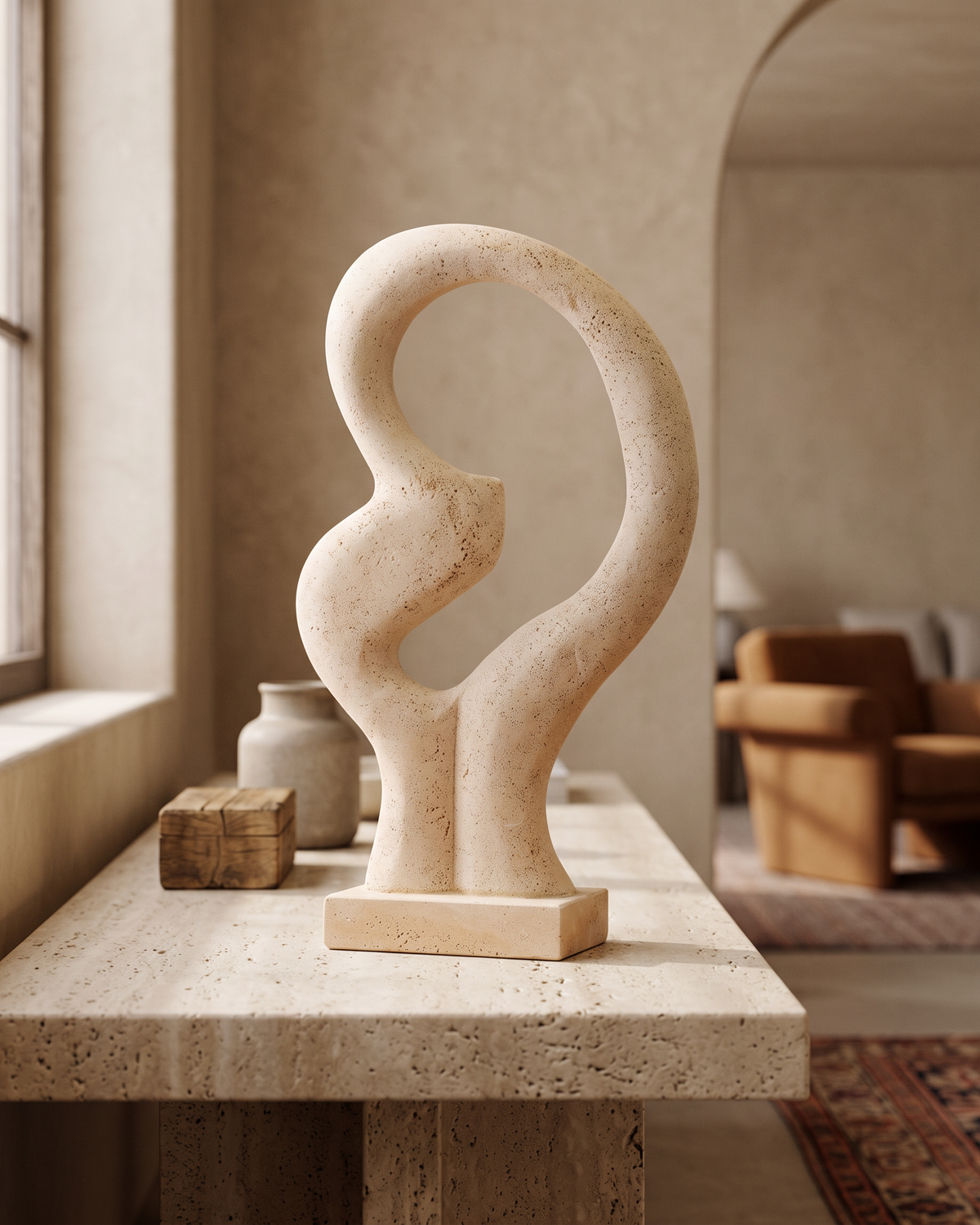 Travertine Abstract Loop Sculpture (One Piece) styled in a warm interior