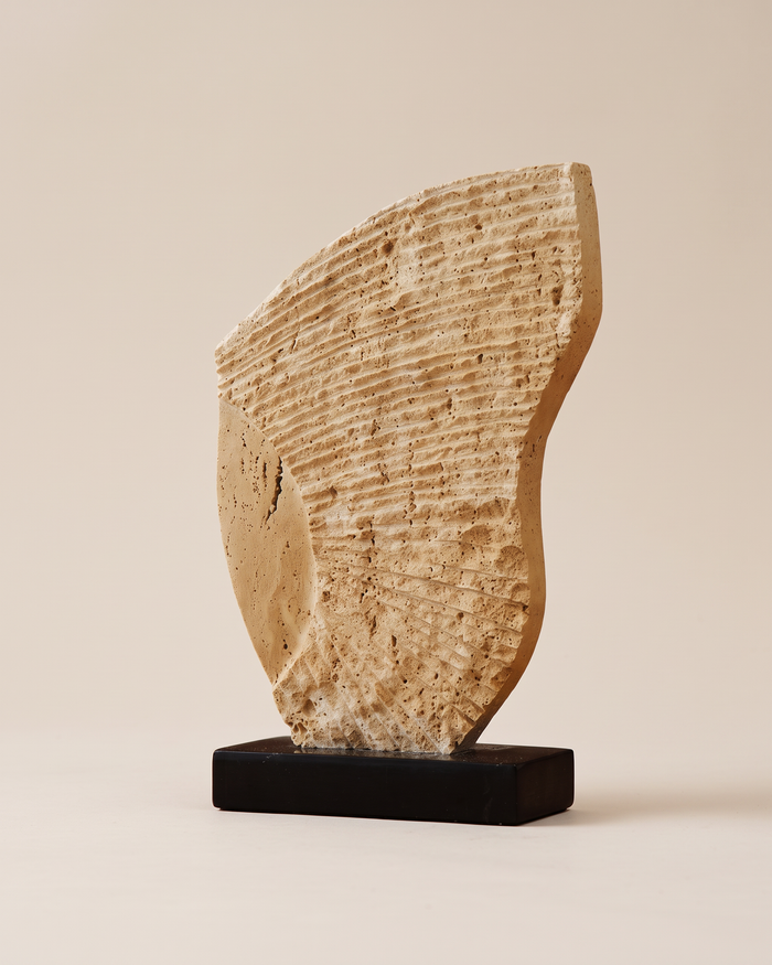 Wind-Carved Travertine Sculpture on Black Base (One Piece)