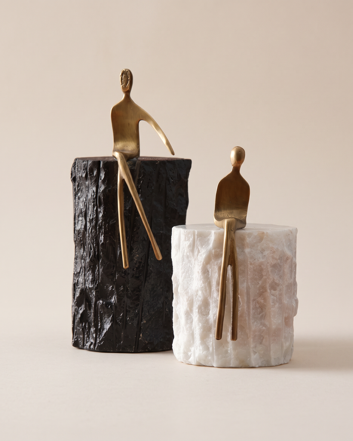 Travertine Pillars with Brass Seated Figures (Set of 2)