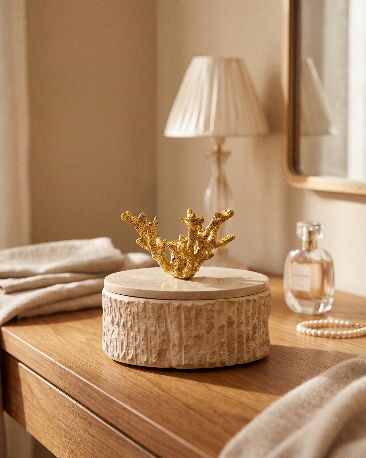 Ribbed Travertine Box with Brass Coral Handle (One Piece) styled in a warm interior