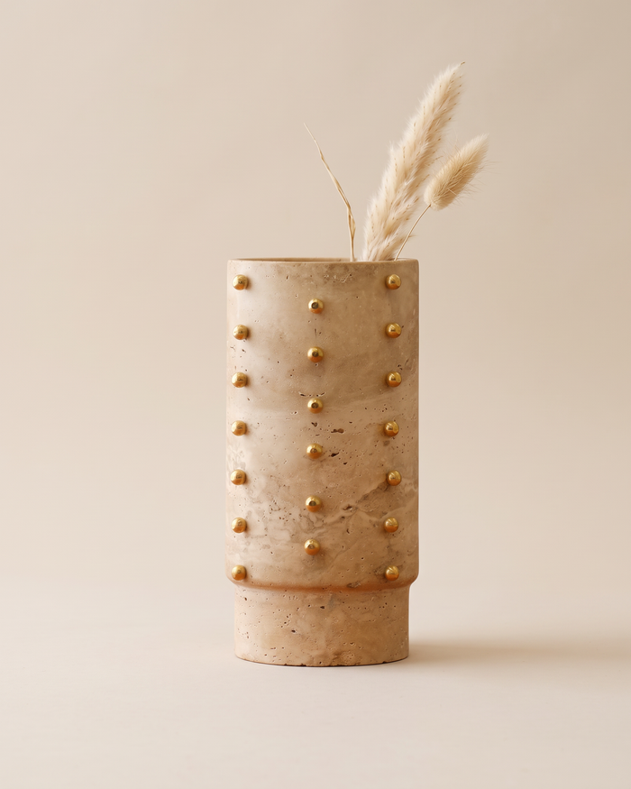 Travertine Vase with Brass Studs (One Piece)