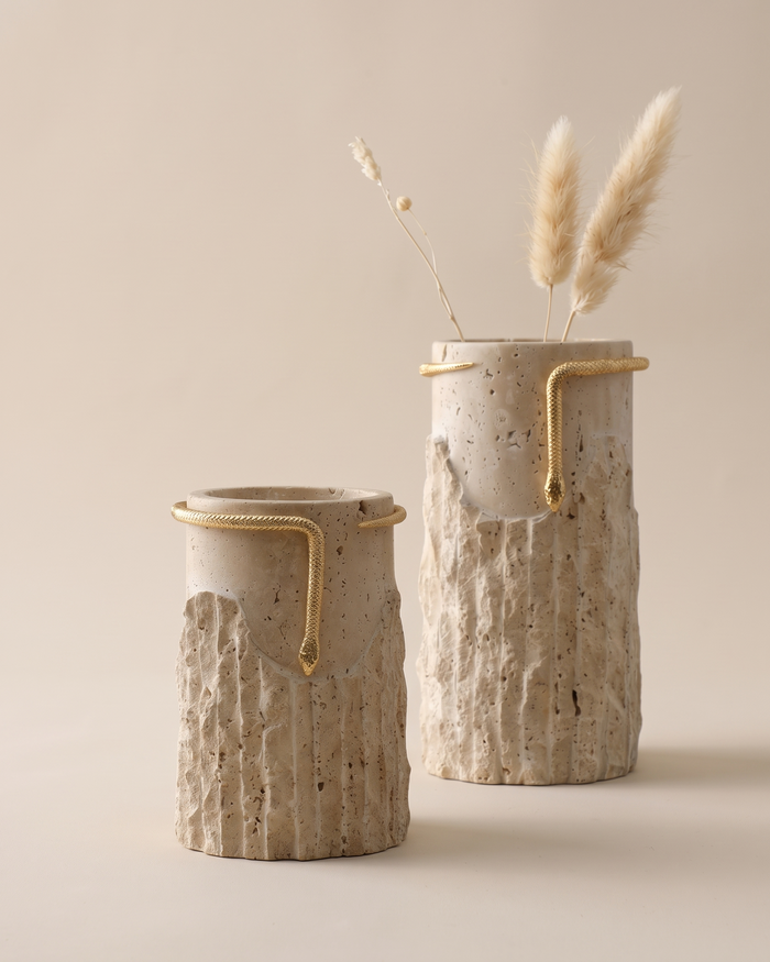 Travertine Vases with Gold Snake (Set of 2)